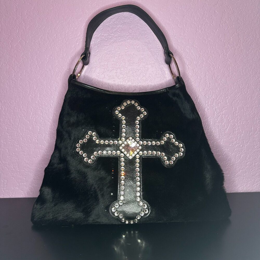 Raviani Black Hair-On Hide Crystal Cross Western Handbag
